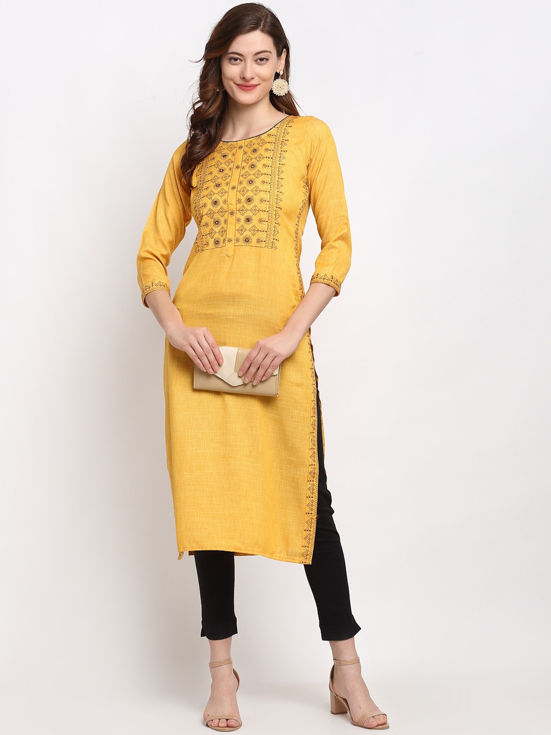 

Lovely Lady Women Ethnic Motifs Yoke Design Mirror Work Kurta, Mustard