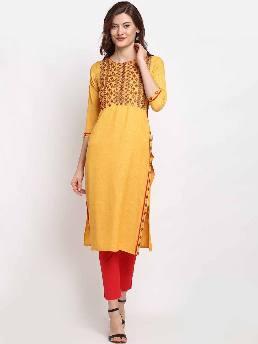 

Lovely Lady Women Ethnic Motifs Embroidered Thread Work Indie Prints Kurta, Mustard