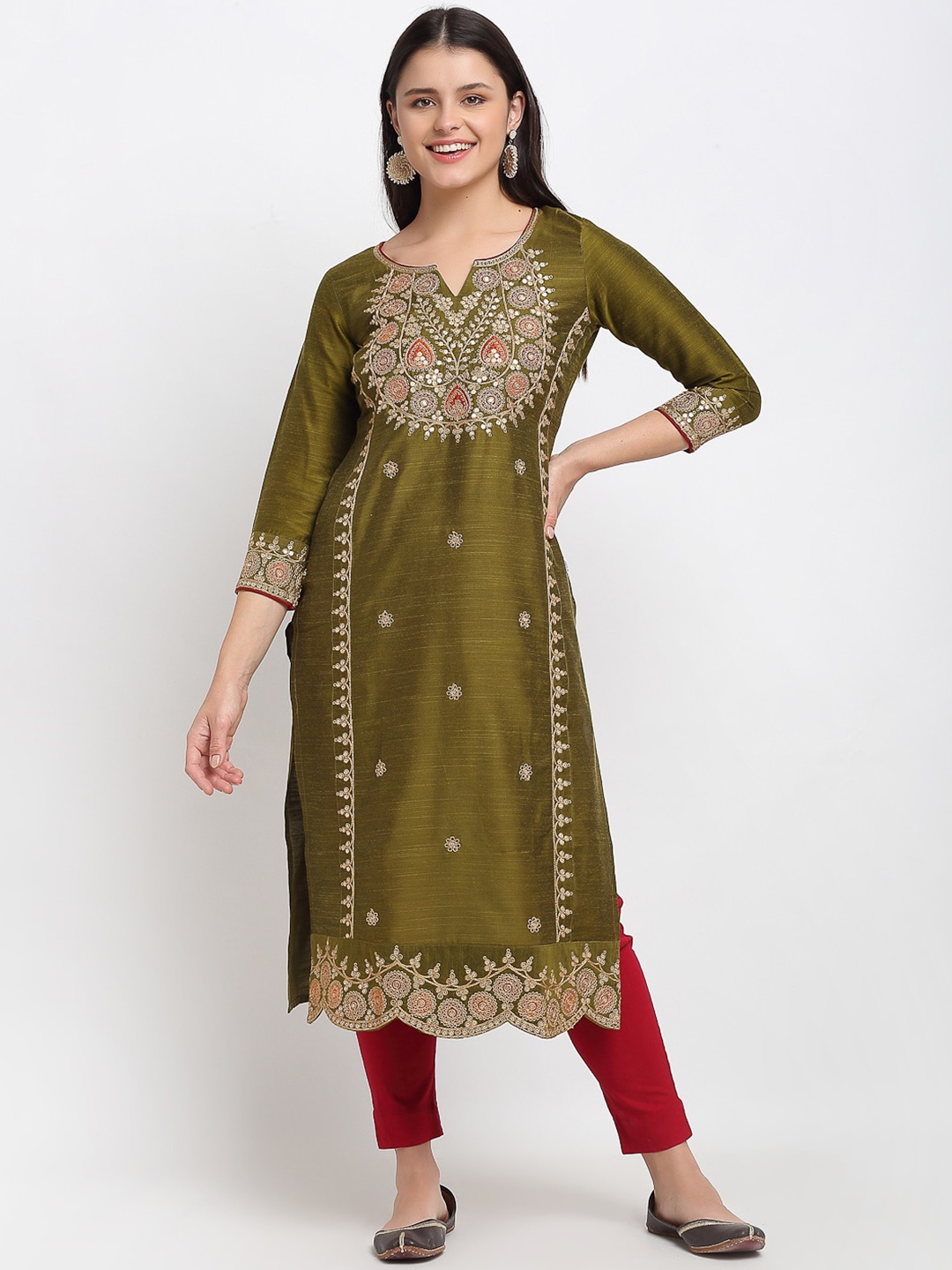 

Lovely Lady Women Ethnic Motifs Embroidered Thread Work Indie Prints Kurta, Olive