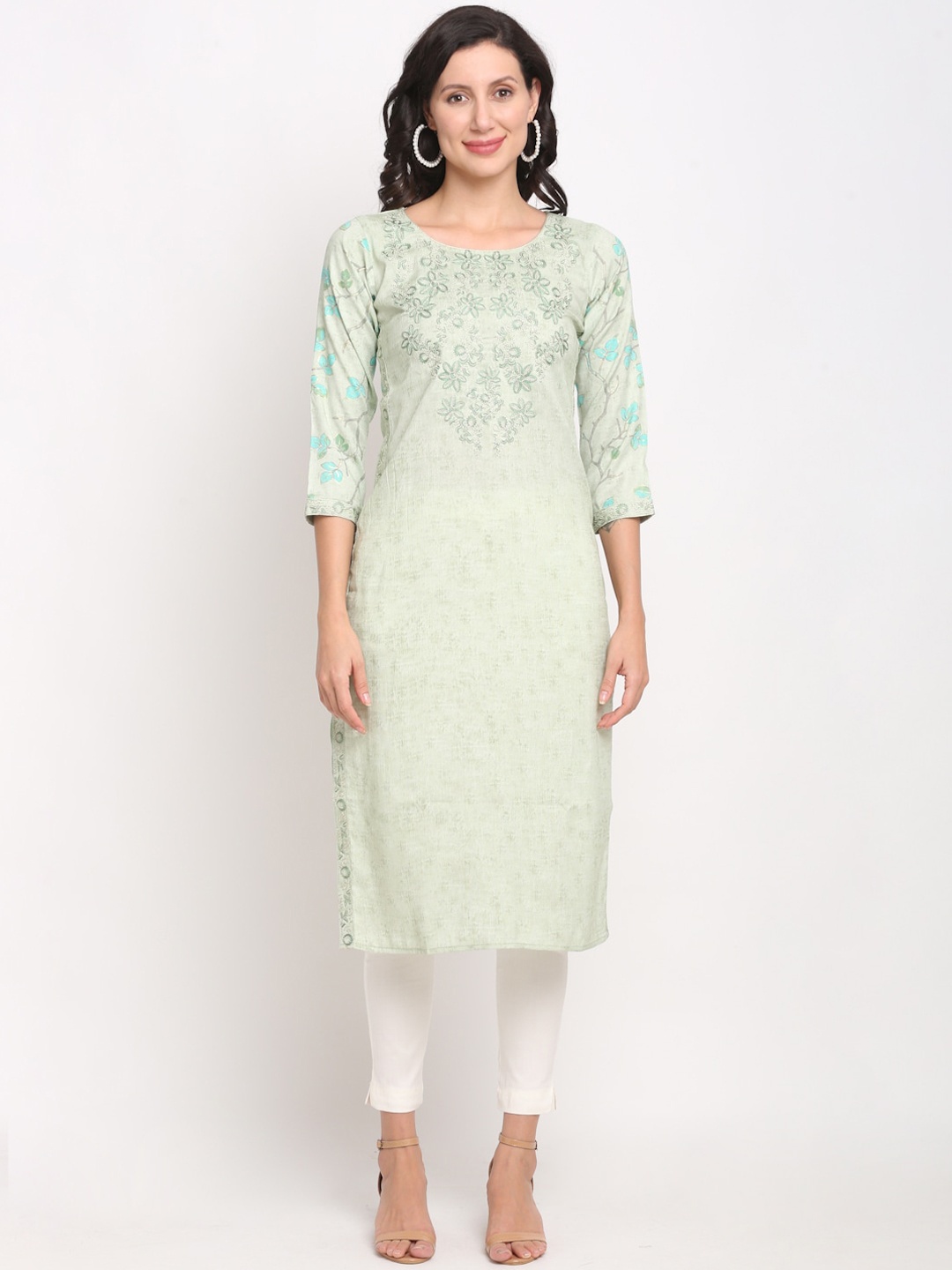 

Lovely Lady Women Ethnic Motifs Yoke Design Thread Work Indie Prints Kurta, Lime green