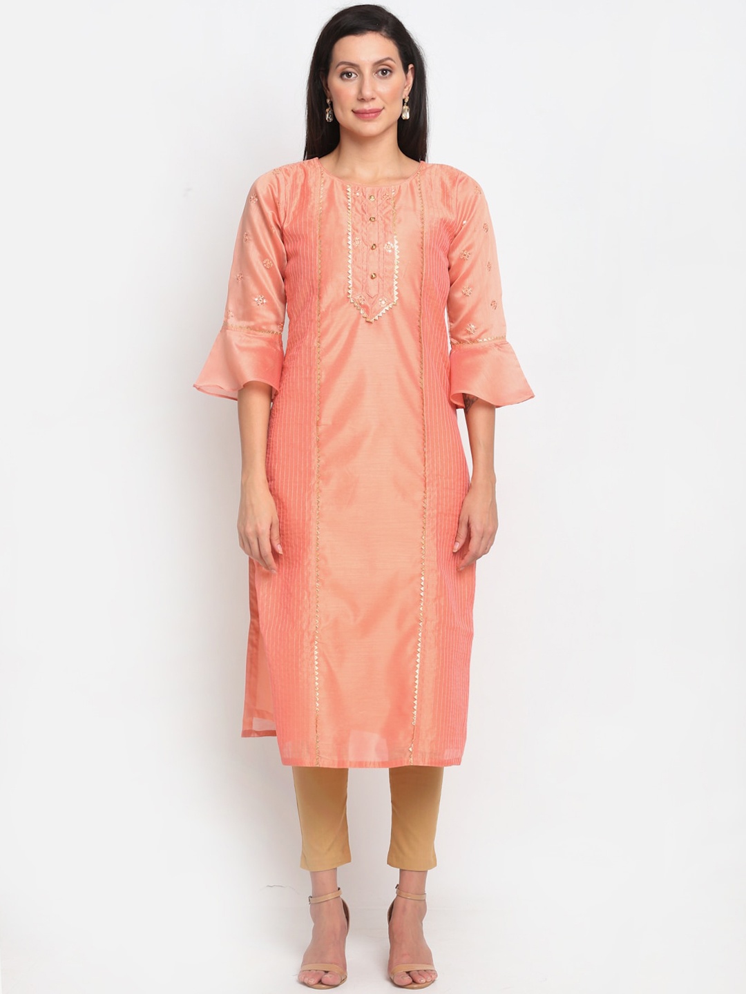 

Lovely Lady Women Yoke Design Flared Sleeves Thread Work Pastels Chanderi Silk Kurta, Peach