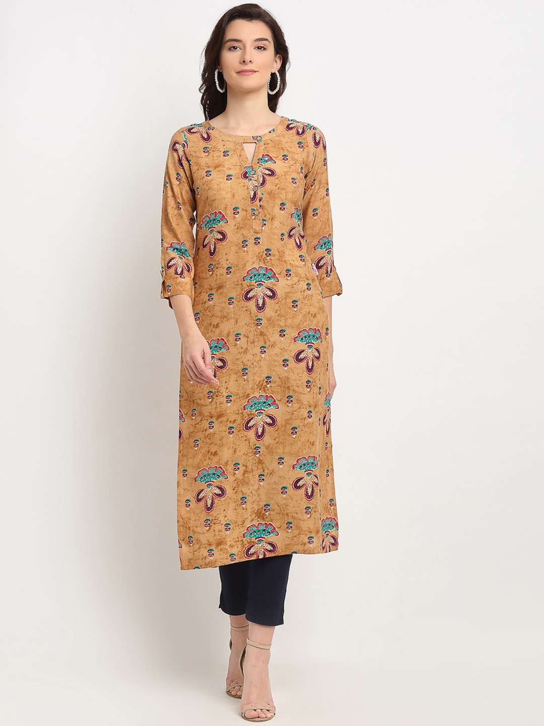 

Lovely Lady Ethnic Motifs Printed Keyhole Neck Kurta, Beige