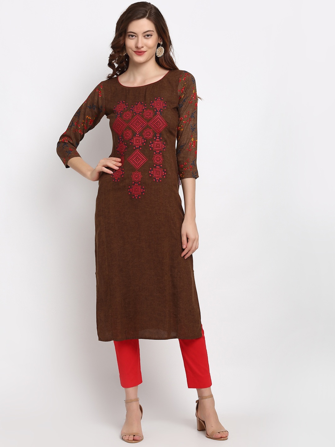 

Lovely Lady Floral Embroidered Cold-Shoulder Sleeves Thread Work Kurta, Brown