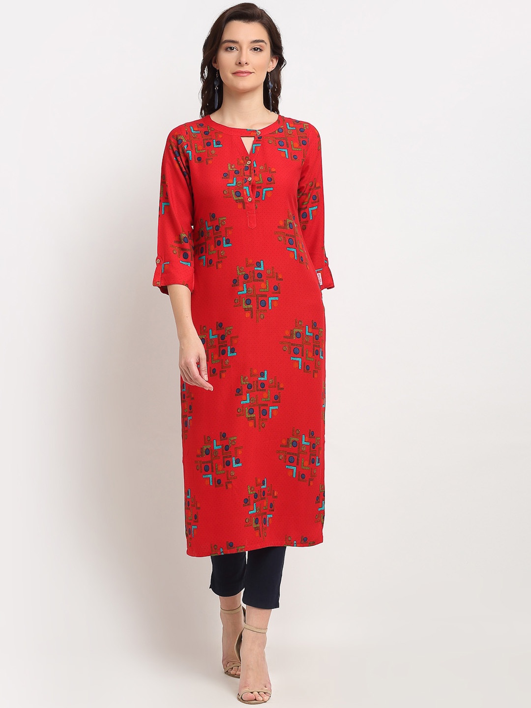 

Lovely Lady Women Geometric Embroidered Keyhole Neck Kurta, Red