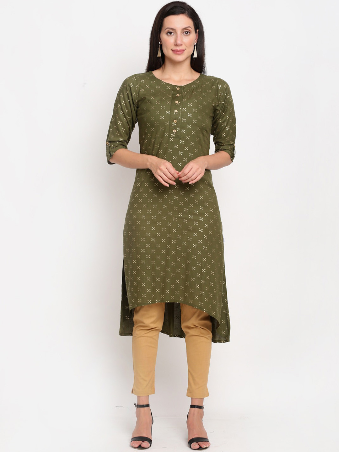 

Lovely Lady Women Abstract Printed Keyhole Neck High-Low Hemline Kurta, Olive