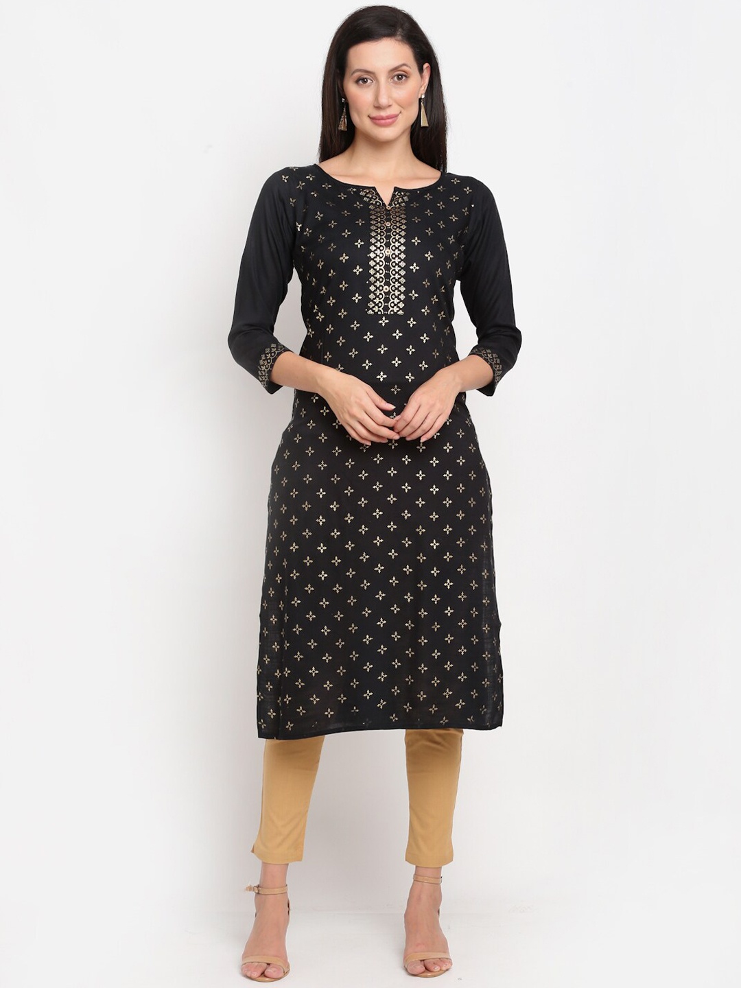 

Lovely Lady Women Ethnic Motifs Printed Notch Neck Kurta, Black