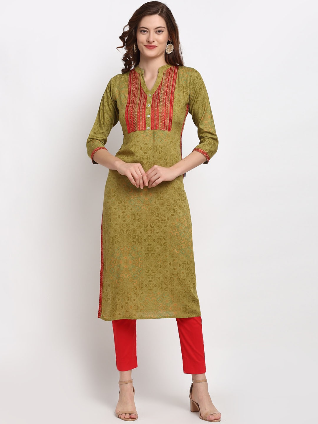 

Lovely Lady Women Ethnic Motifs Embroidered Thread Work Kurta, Olive
