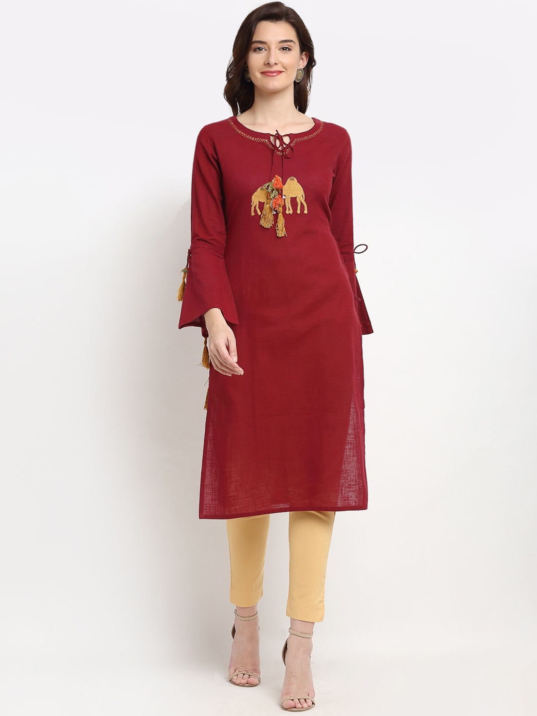 

Lovely Lady Embroidered Keyhole Neck Bell Sleeves Thread Work Cotton Kurta, Maroon