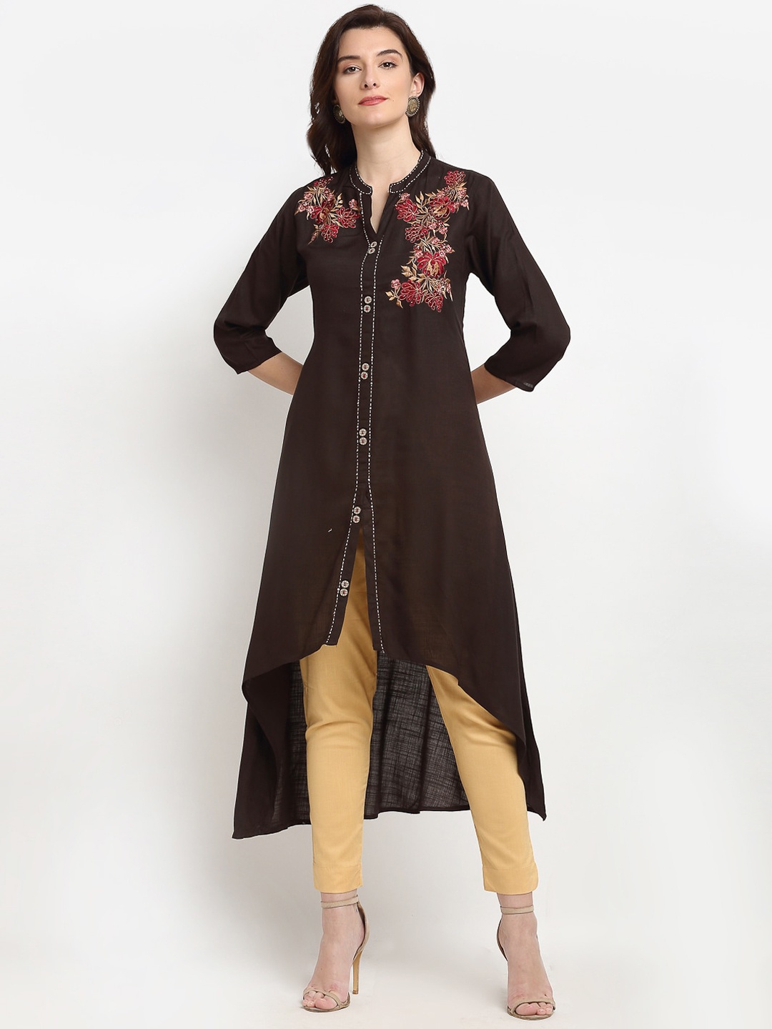 

Lovely Lady Floral Embroidered Thread Work Kurta, Brown