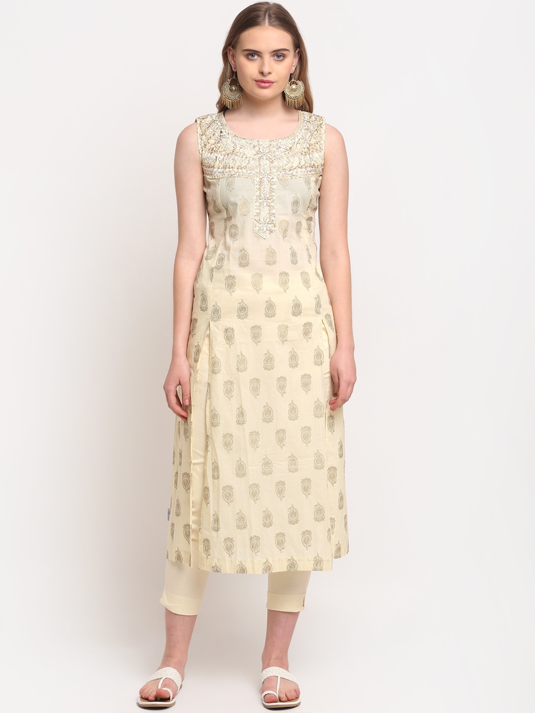 

Lovely Lady Women Paisley Printed Thread Work Kurta, Cream