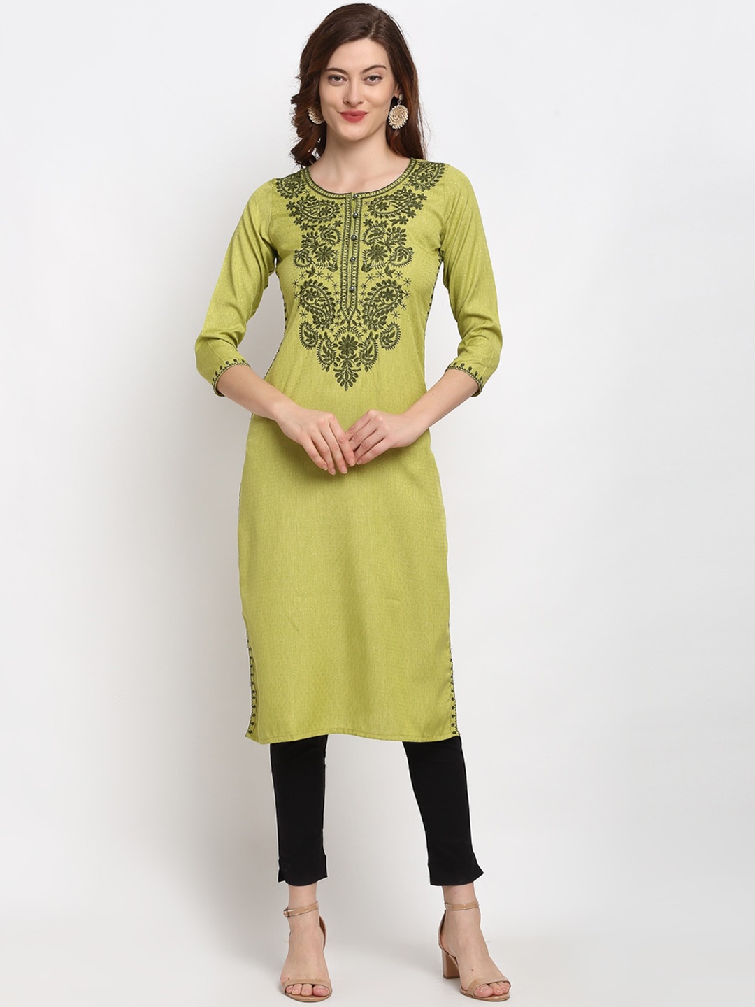 

Lovely Lady Women Paisley Embroidered Thread Work Kurta, Lime green