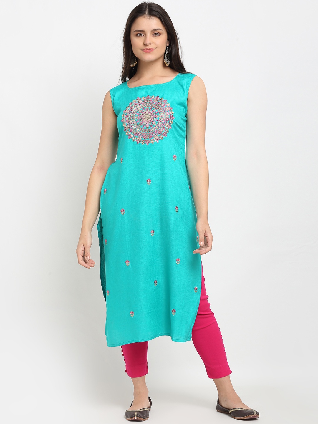 

Lovely Lady Women Teal Ethnic Motifs Embroidered Thread Work Kurta