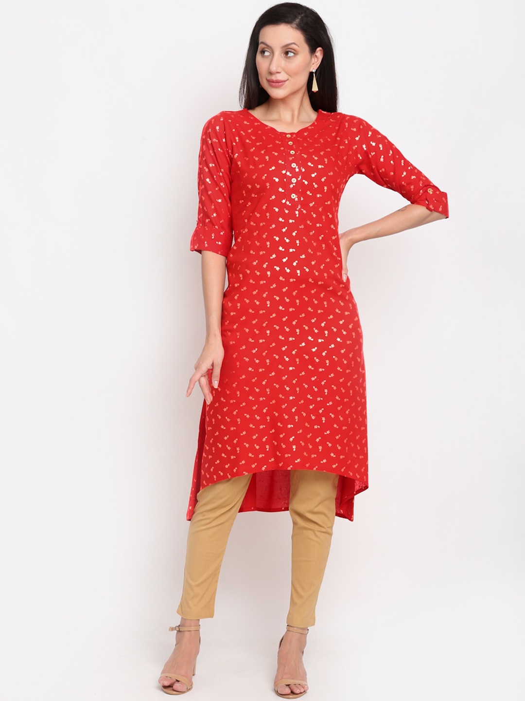 

Lovely Lady Women Floral Printed Thread Work Kurta, Red