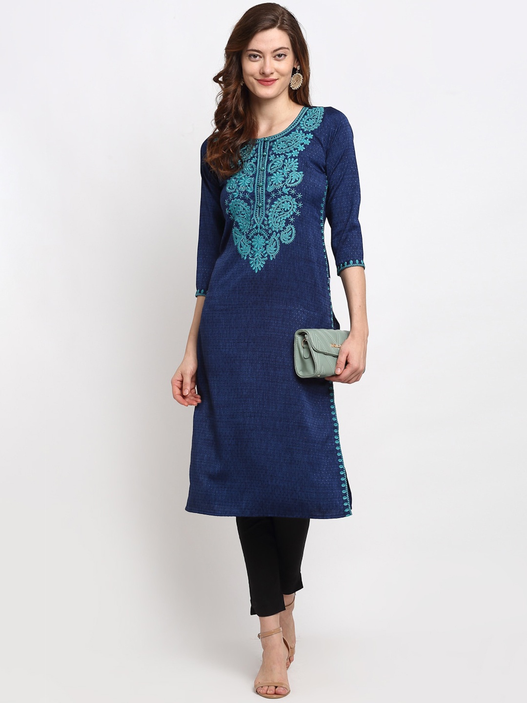 

Lovely Lady Women Paisley Yoke Design Thread Work Indigo Kurta, Navy blue