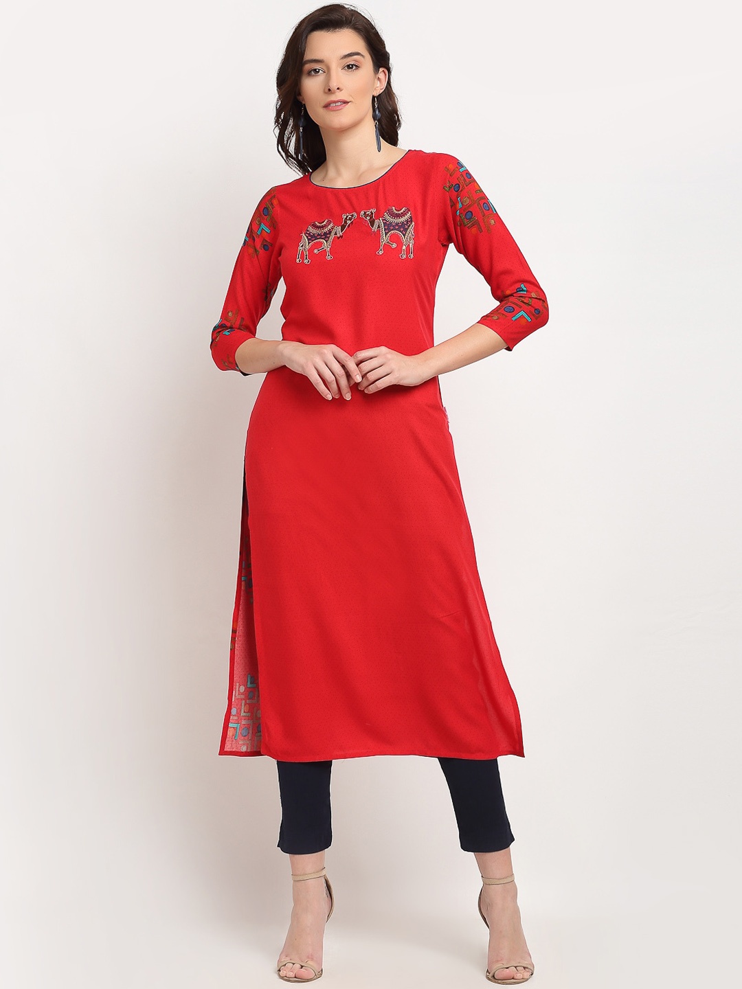 

Lovely Lady Women Printed Thread Work Kurta, Red