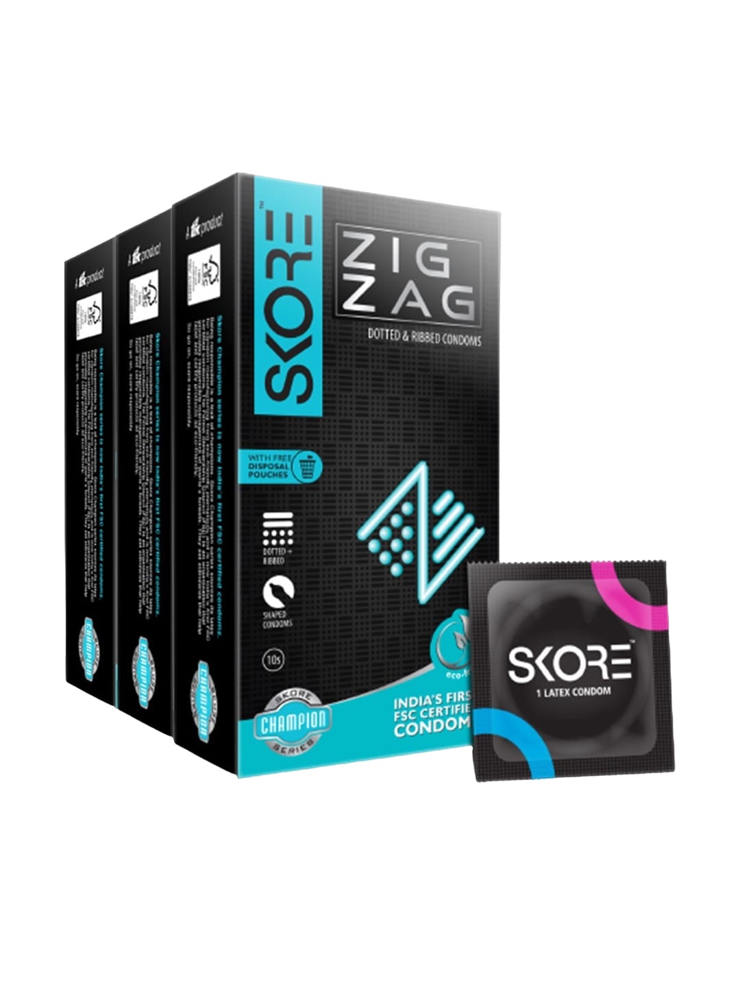 

Skore Set Of 3 Zig-Zag Dotted & Ribbed Condoms - 10 Pieces Each, Nude