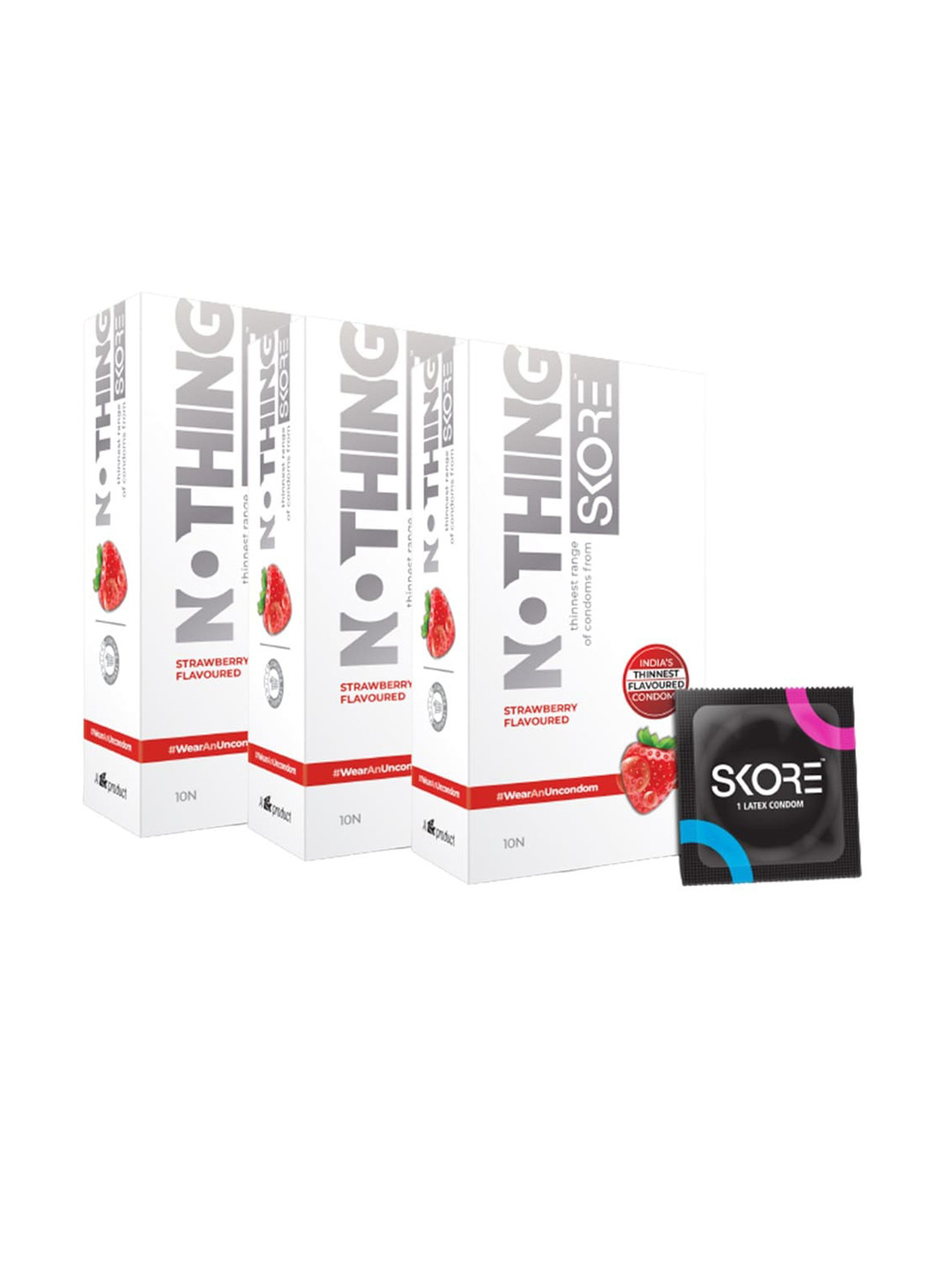 

SKORE Men Set Of 3 Nothing Strawberry Flavoured Thinnest Condoms - 10 Pieces Each, Nude