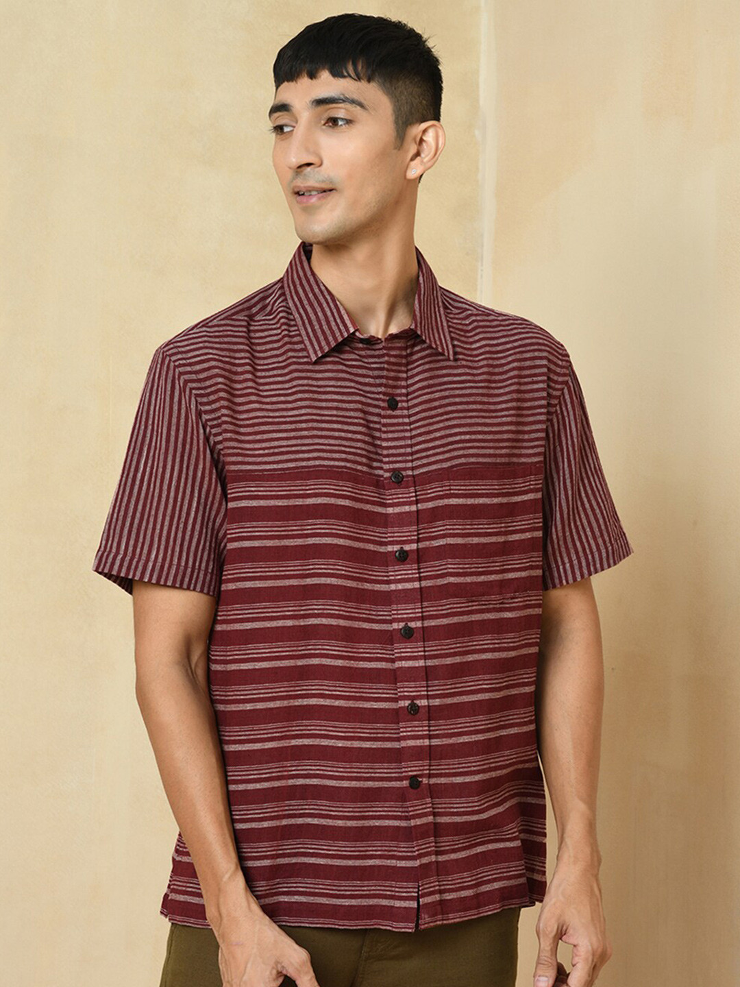 

Fabindia Men Striped Formal Cotton Shirt, Red