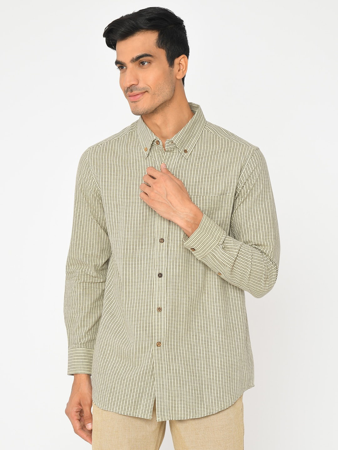 

Fabindia Men Checked Formal Cotton Shirt, Beige