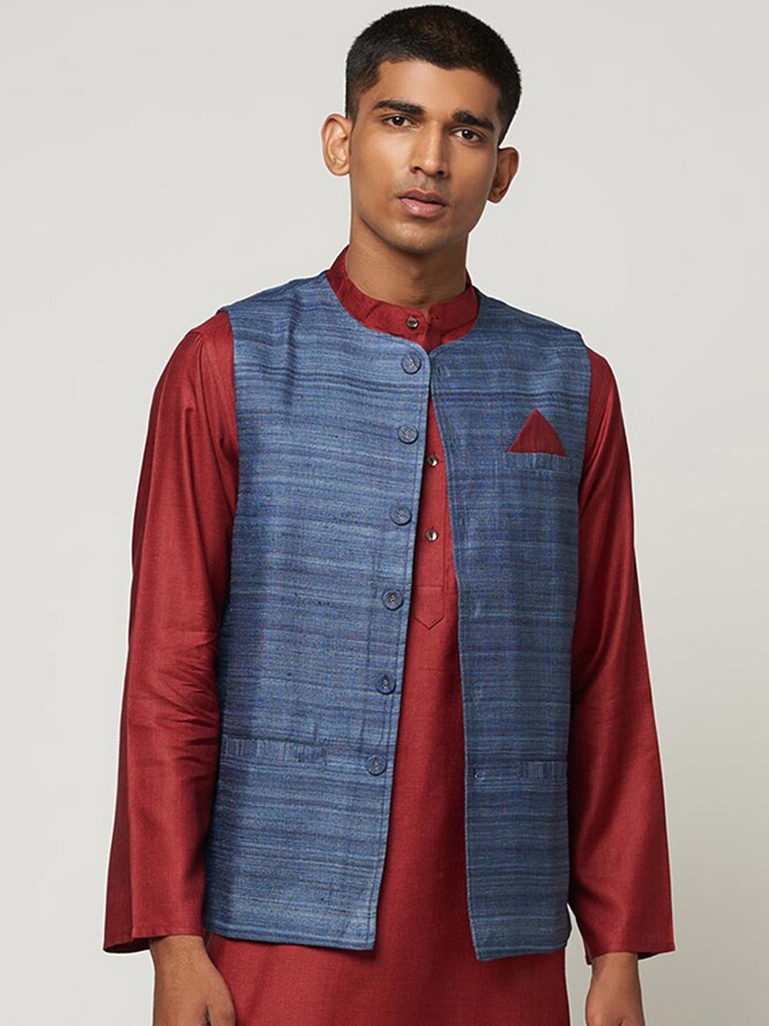 

Fabindia Men Silk Nehru Jacket, Blue
