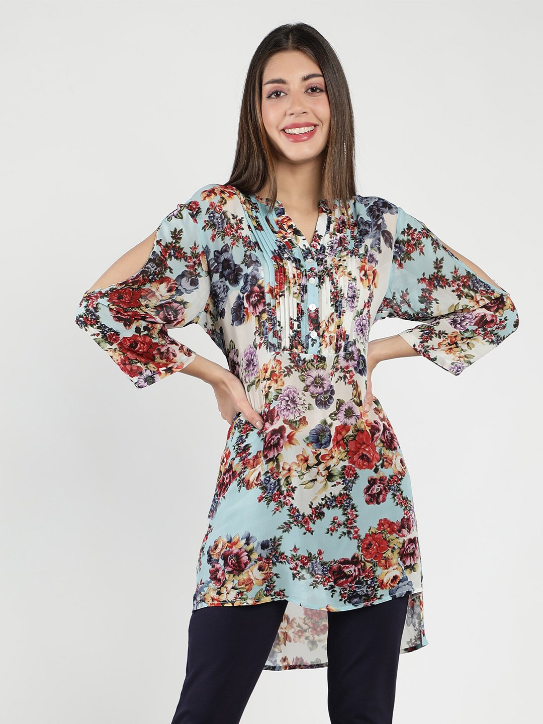 

DEBONATELLA Mandarin Collar Floral Printed Tunic, Blue