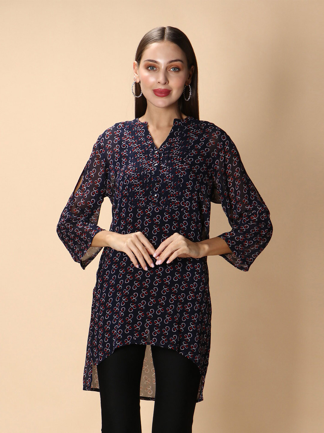 

DEBONATELLA Mandarin Collar Ethnic Printed Tunic, Navy blue