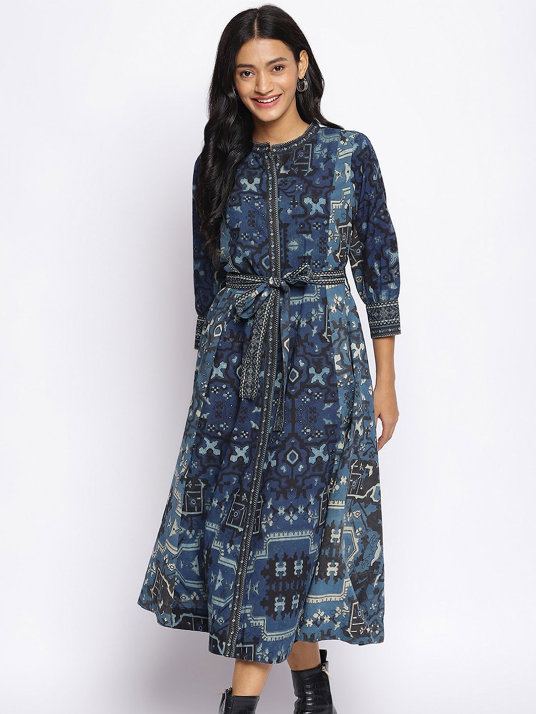 

Fabindia A-Line Midi Cotton Dress, Blue