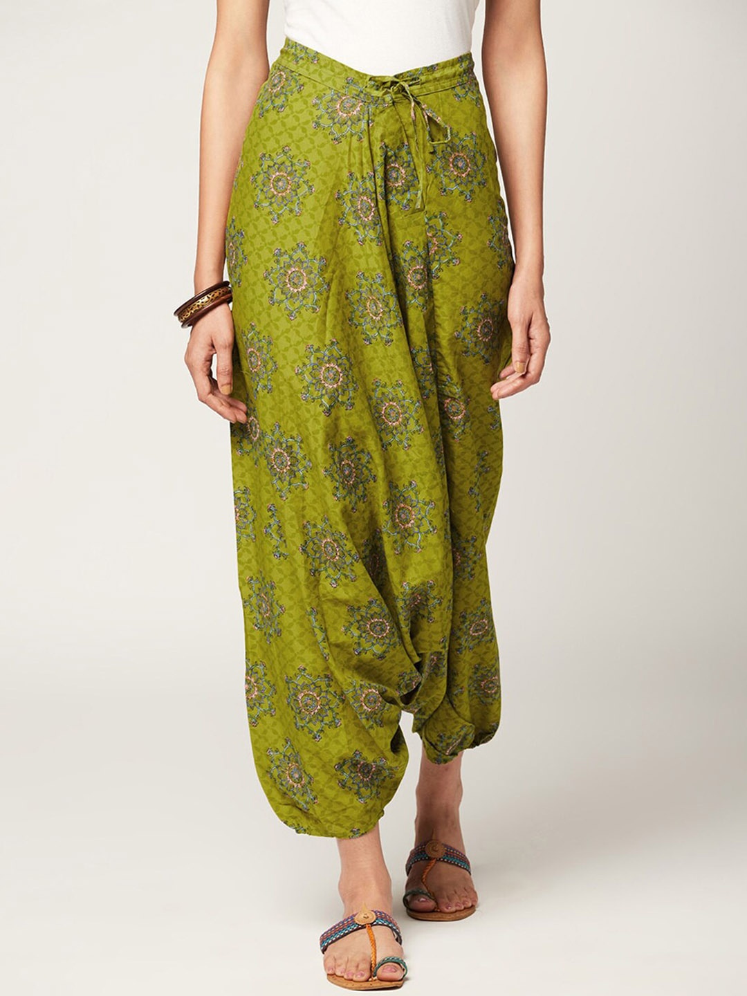 

Fabindia Women Printed Cotton Straight-Fit Harem Pants, Lime green