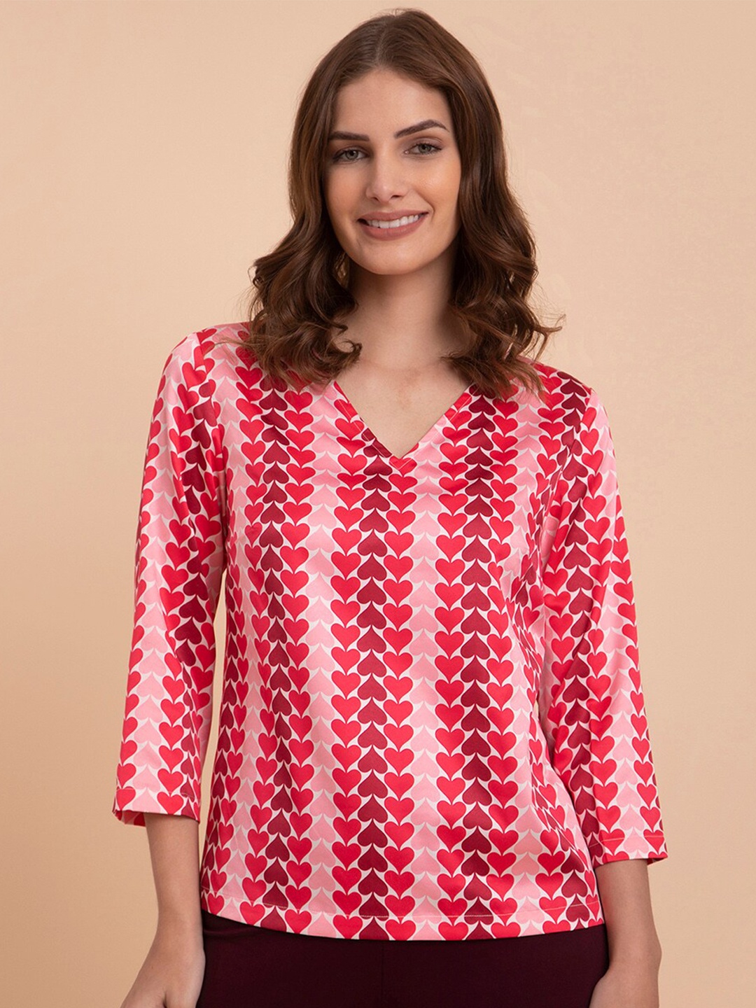 

FableStreet Printed Mandarin Collar Satin Top, Red