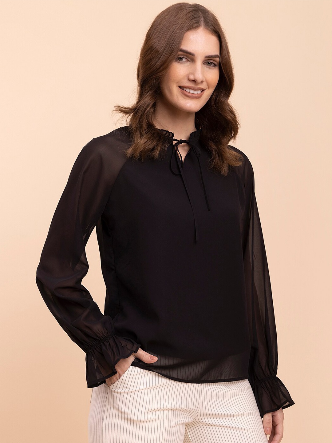

FableStreet Tie-Up Neck Monochrome Georgette Top, Black