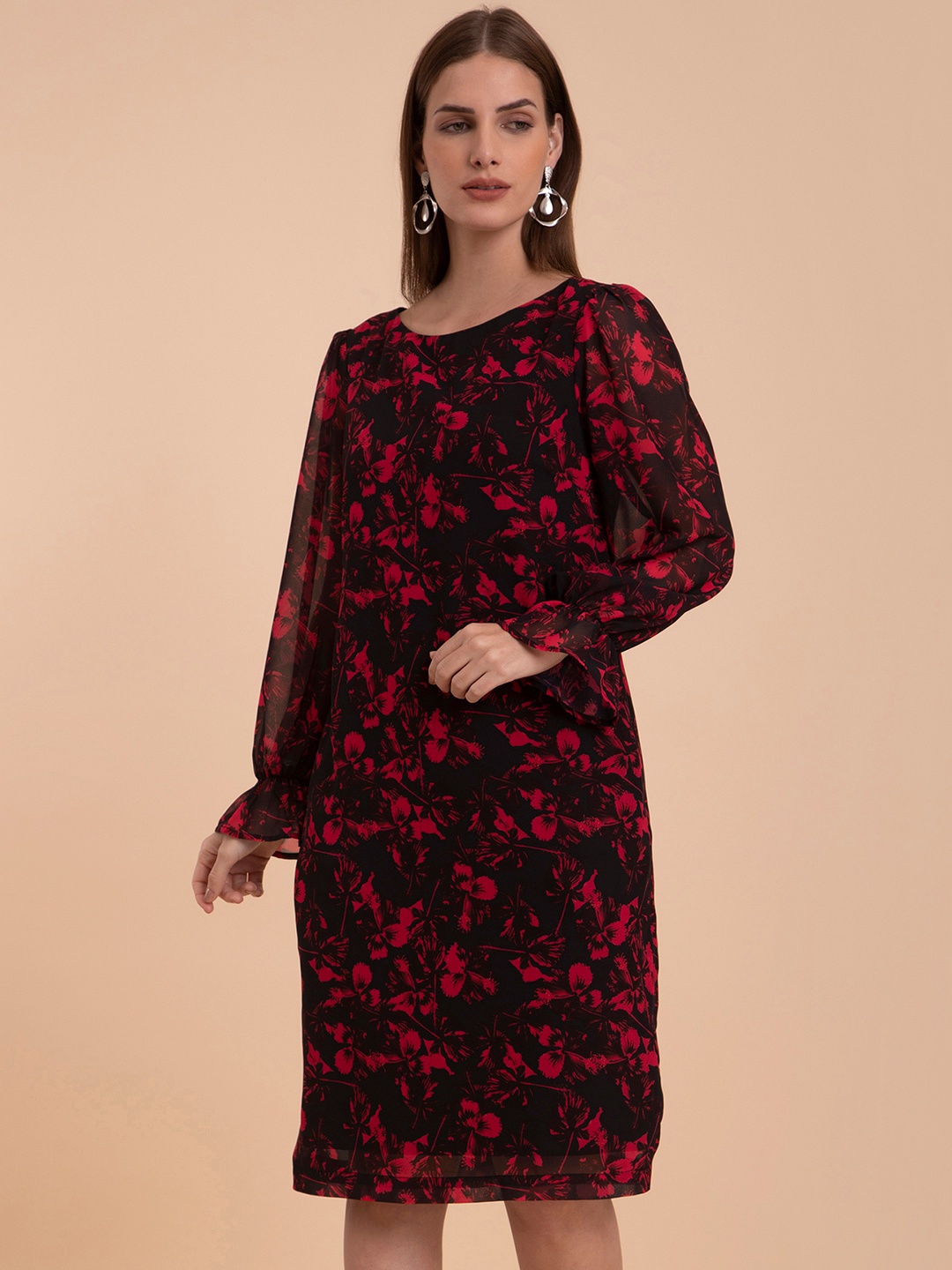 FableStreet Abstract Printed Georgette Sheath Dress, Red