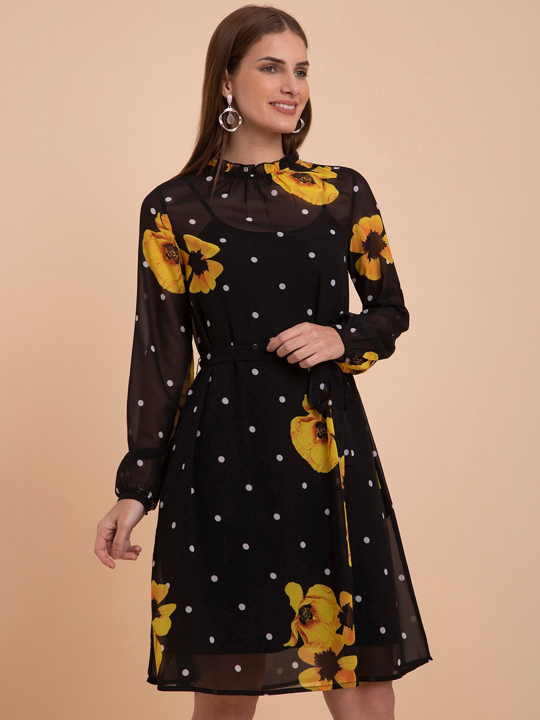 FableStreet Floral Printed A-Line Dress, Black