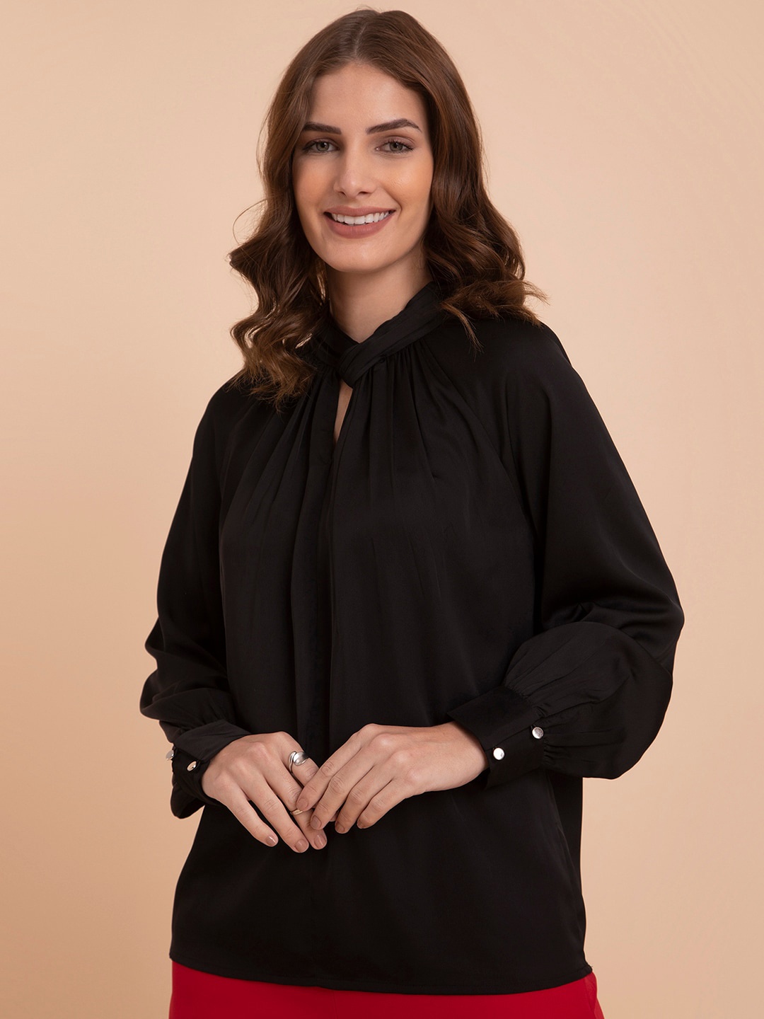 

FableStreet Keyhole Neck Satin Top, Black