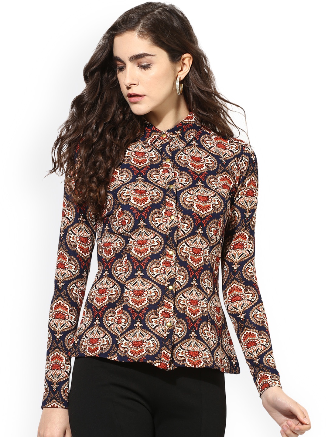 

Kazo Women Navy & White Classic Fit Printed Casual Shirt, Navy blue