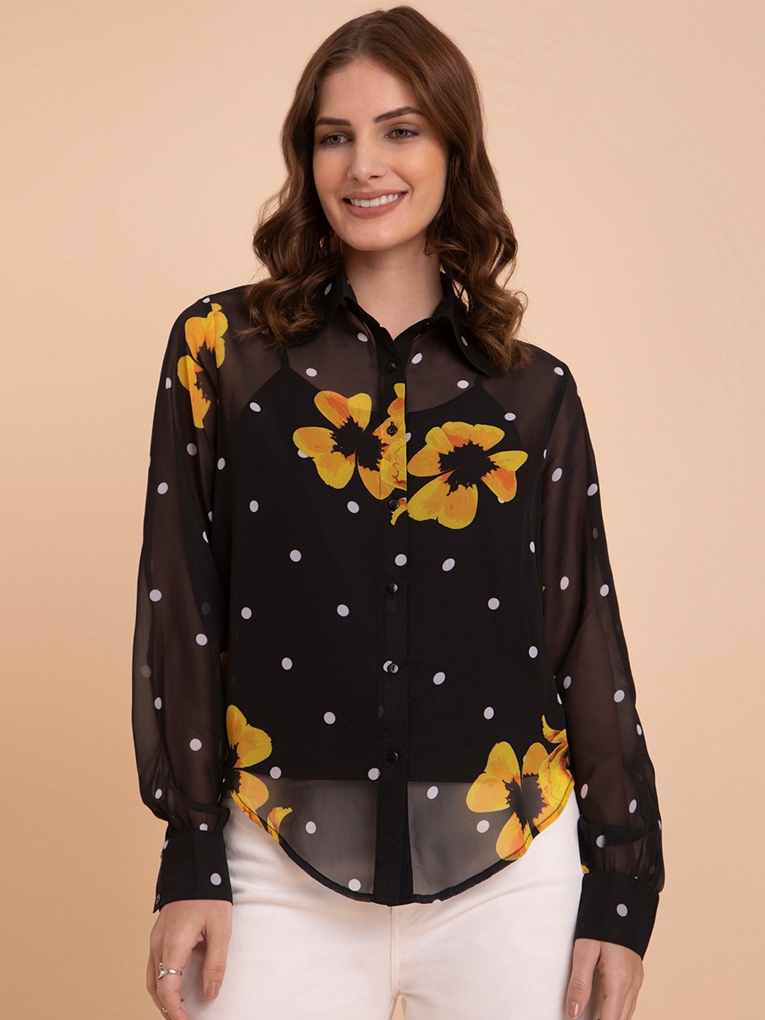

FableStreet Women Semi Sheer Printed Floral Party Shirt, Black
