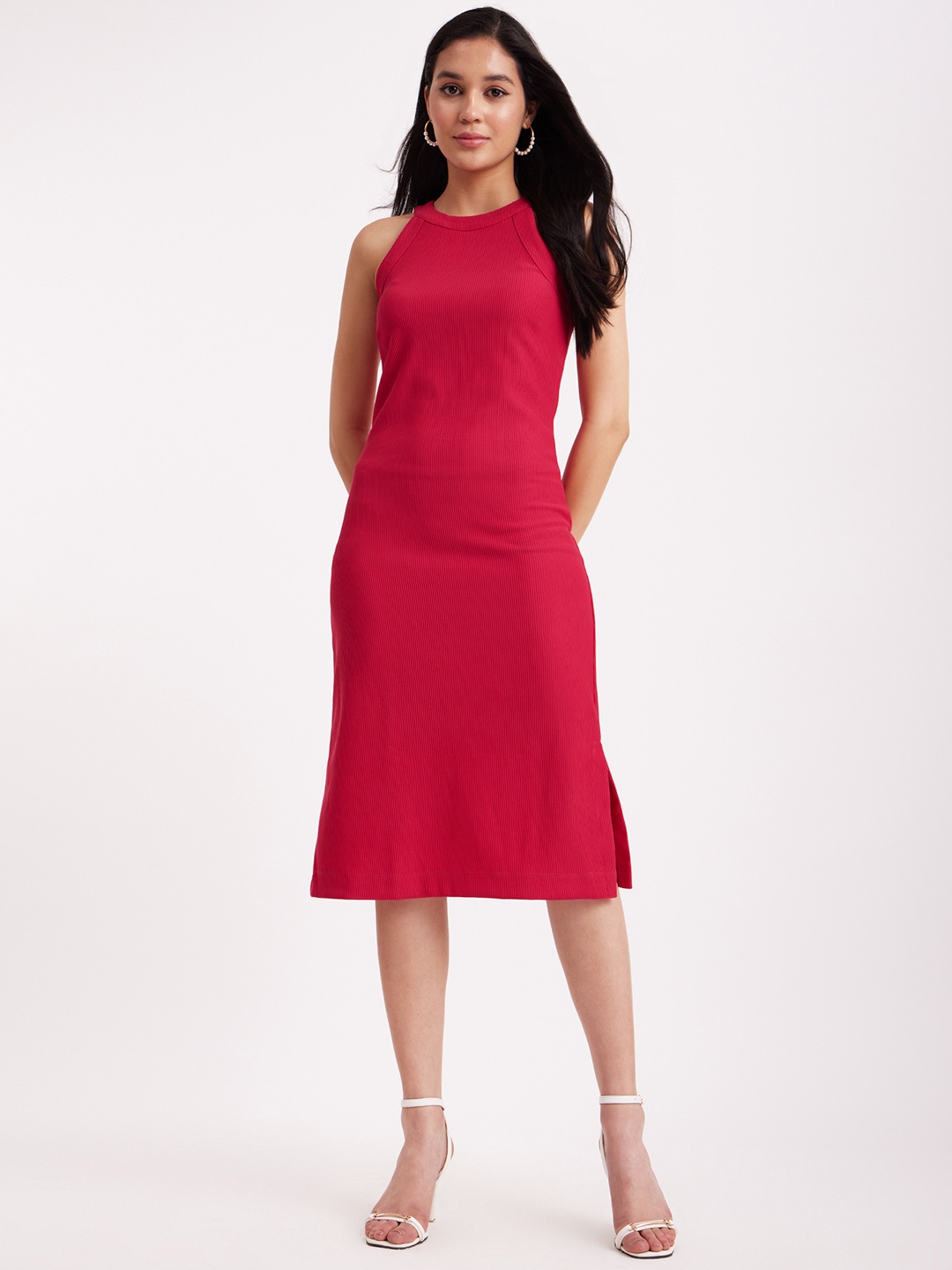 

FableStreet Halter Neck Sheath Midi Dress, Pink