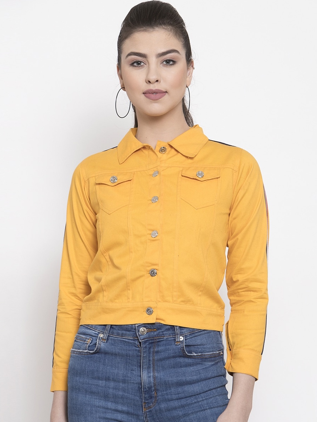 

VOXATI Women Crop Denim Jacket, Yellow