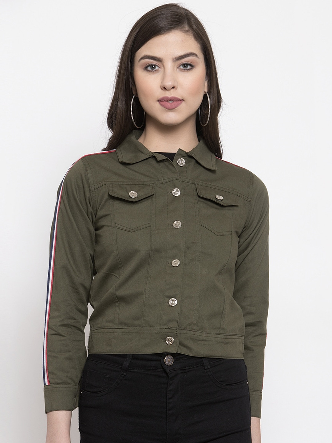 

VOXATI Women Cotton Crop Denim Jacket, Green