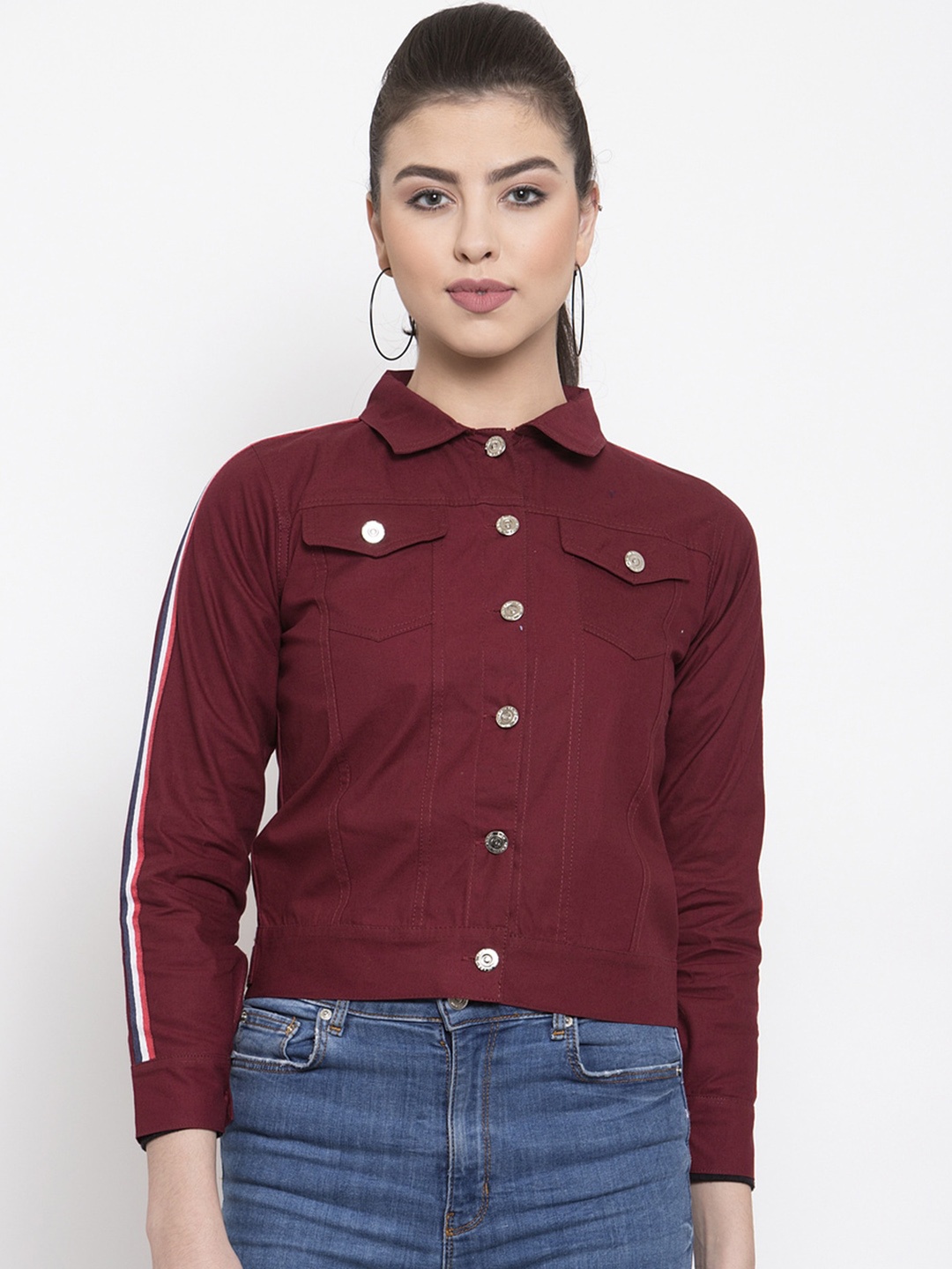 

VOXATI Women Crop Denim Jacket, Maroon