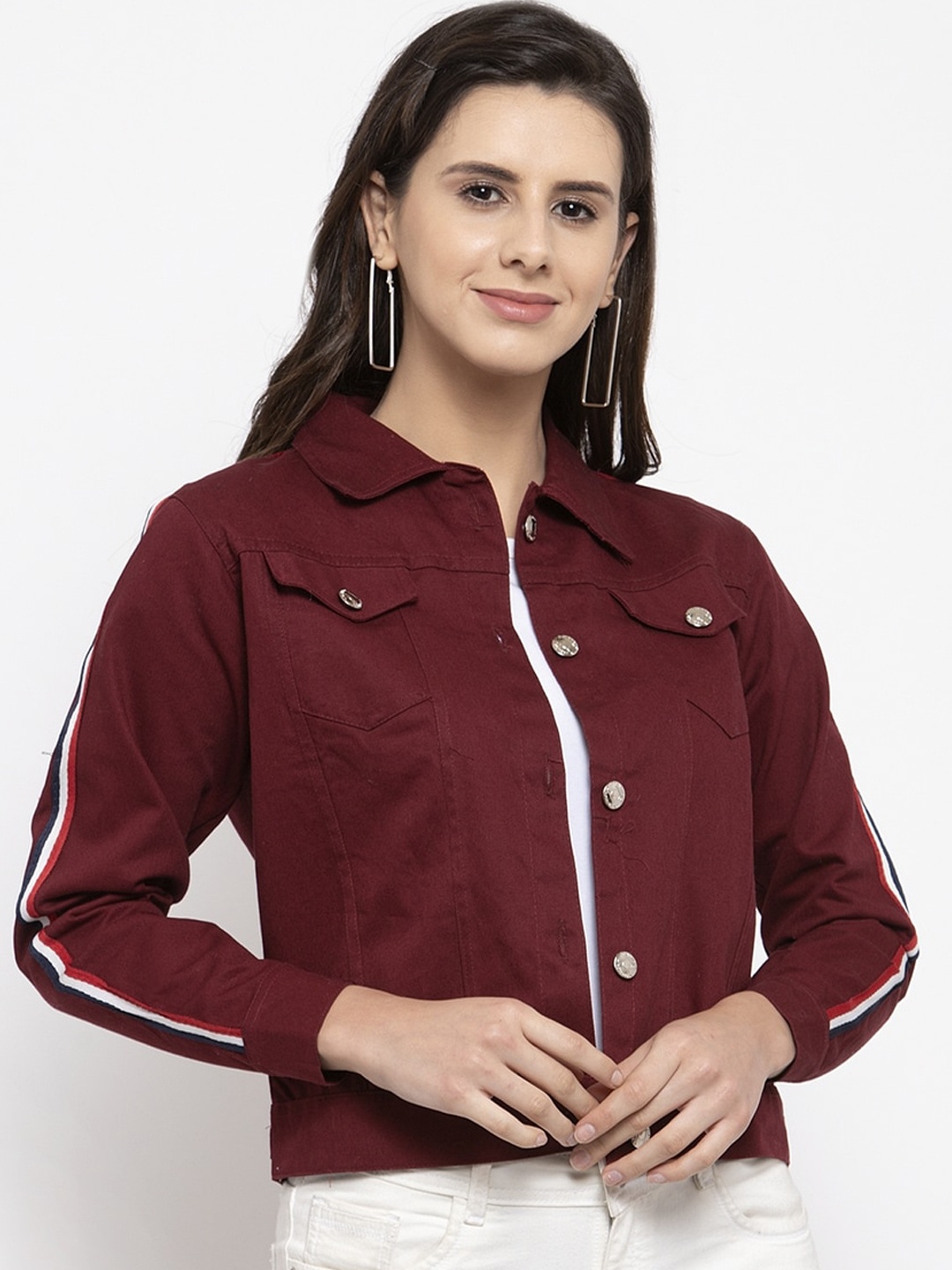 

VOXATI Women Crop Denim Jacket, Maroon