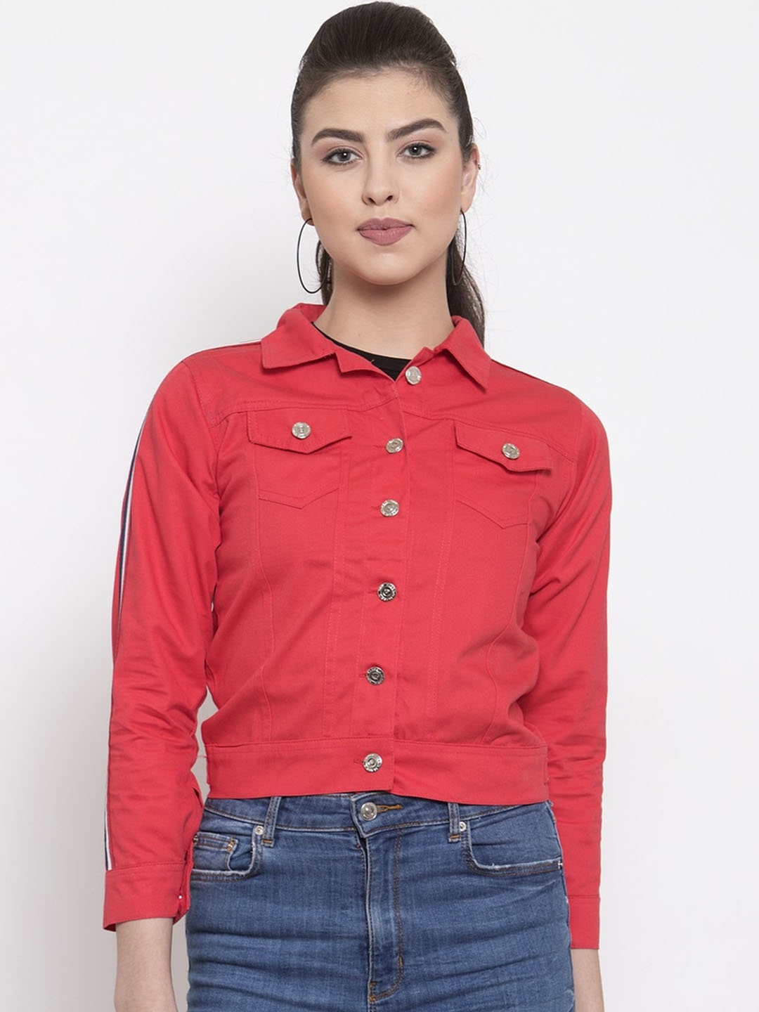 

VOXATI Women Crop Denim Jacket, Red