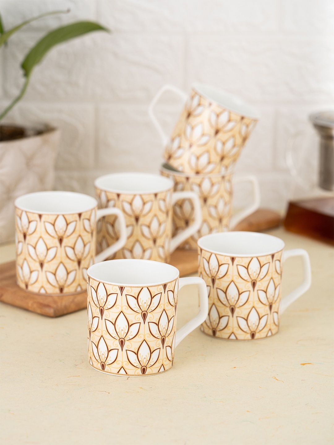 

CLAY CRAFT Fine Beige & White Set of 6 Floral Printed Ceramic Coffee Mugs 180 ml Each