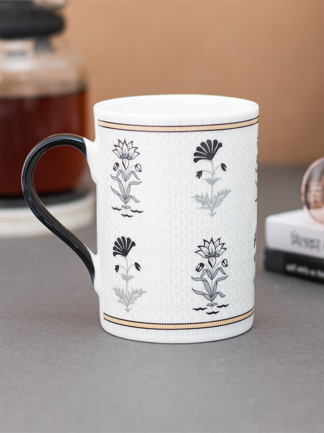 

CLAY CRAFT Fine White & Grey Set of 2 Floral Printed Ceramic Coffee Mugs 350 ml Each