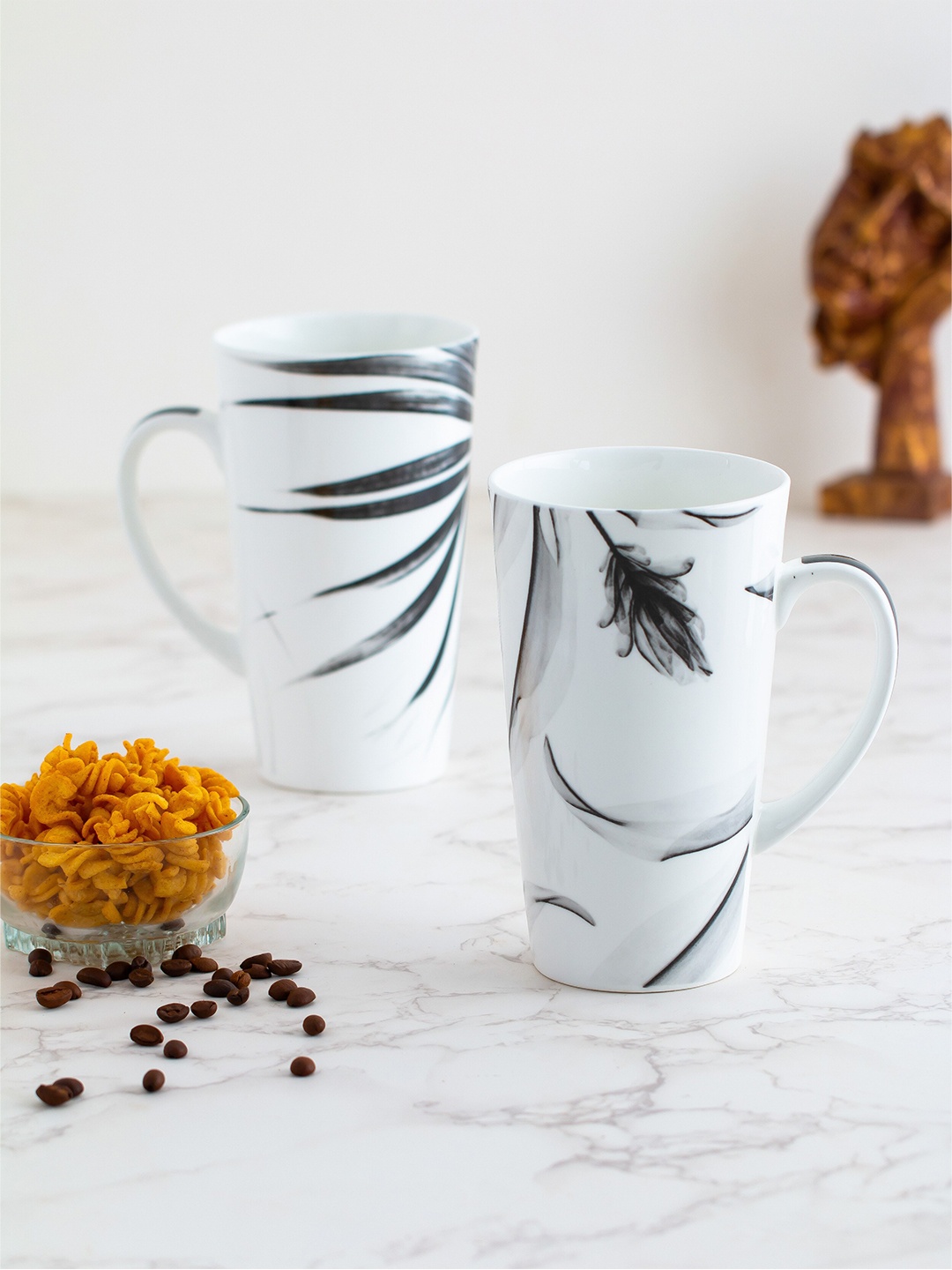 

CLAY CRAFT Fine White & Black Set of 2 Printed Ceramic Lassi Mugs 420 ml Each