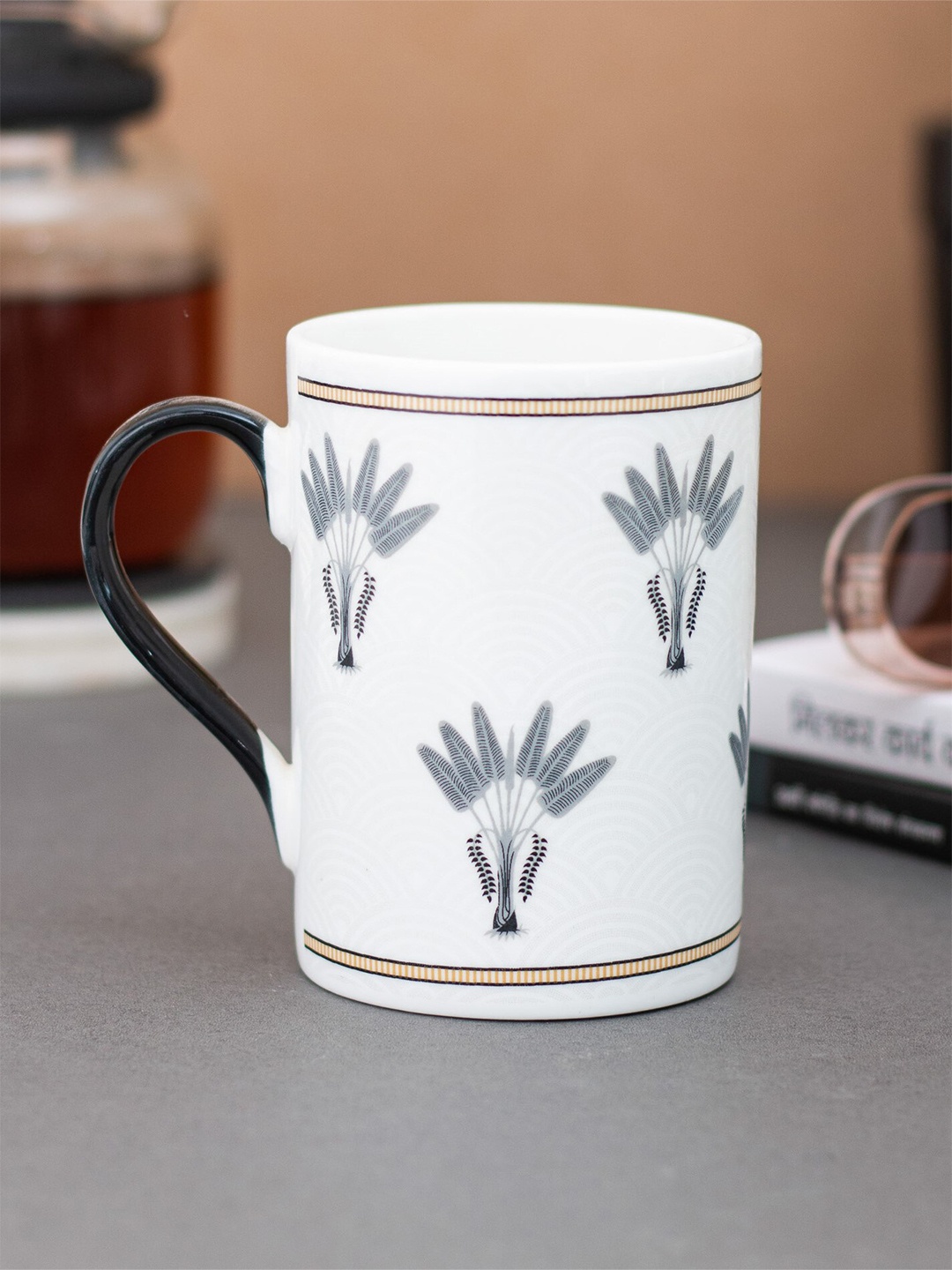 

CLAY CRAFT Fine White & Grey Set of 2 Printed Ceramic Coffee Mugs 350 ml Each
