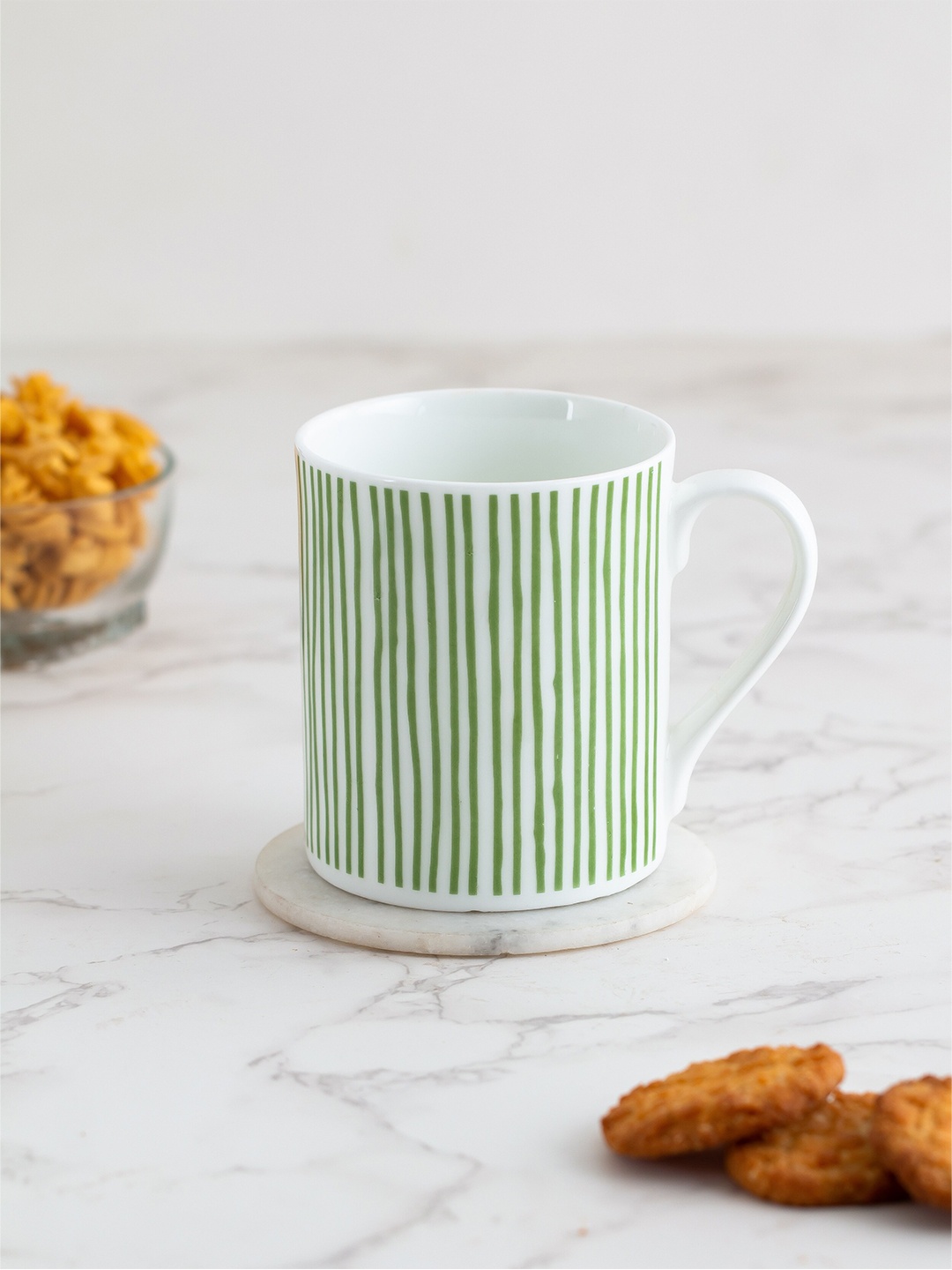 

CLAY CRAFT Fine White & Green Set of 2 Printed Ceramic Coffee Mugs 350 ml Each