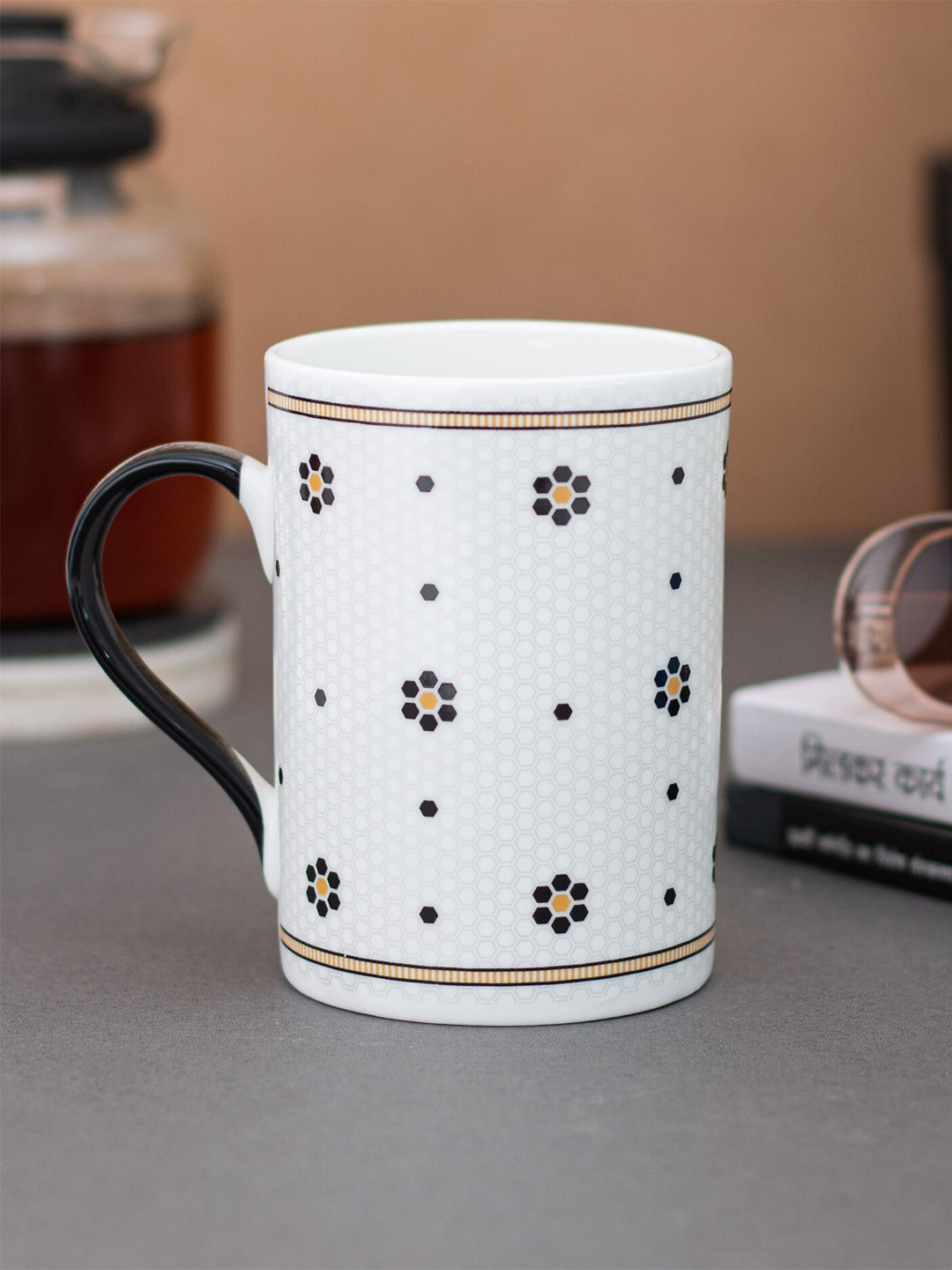 

CLAY CRAFT Fine White & Black Set of 2 Floral Printed Ceramic Coffee Mugs 350 ml Each