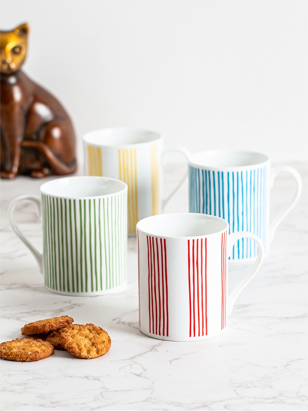 

CLAY CRAFT Fine White & Green Set of 4 Printed Ceramic Coffee Mugs 350 ml Each