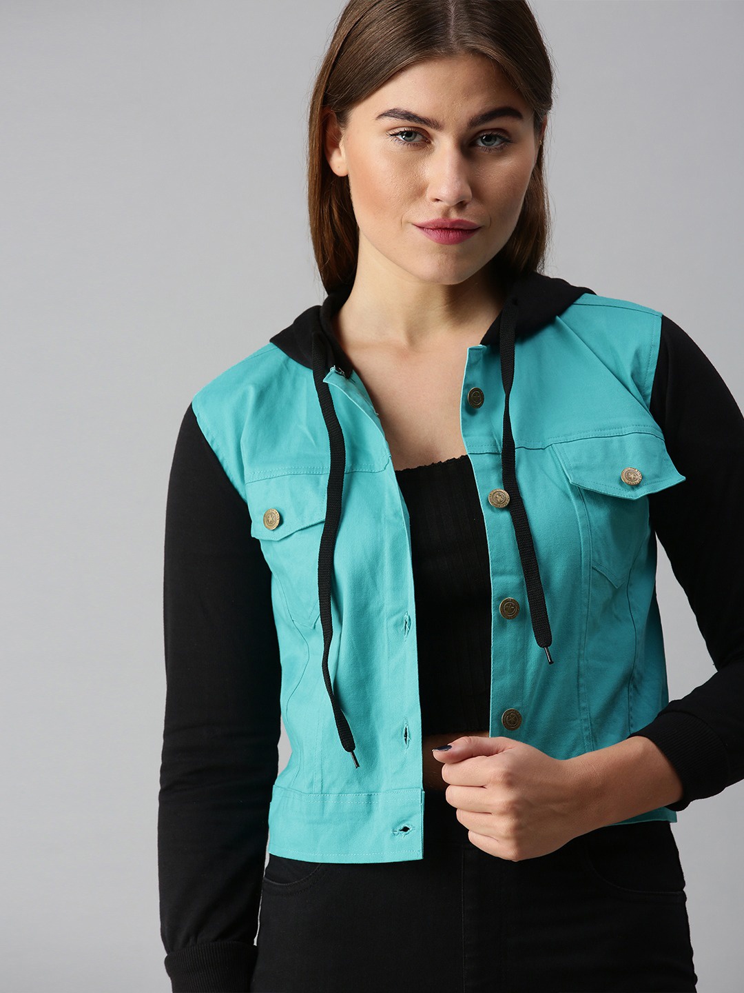 

VOXATI Women Colourblocked Hooded Denim Jacket, Turquoise blue