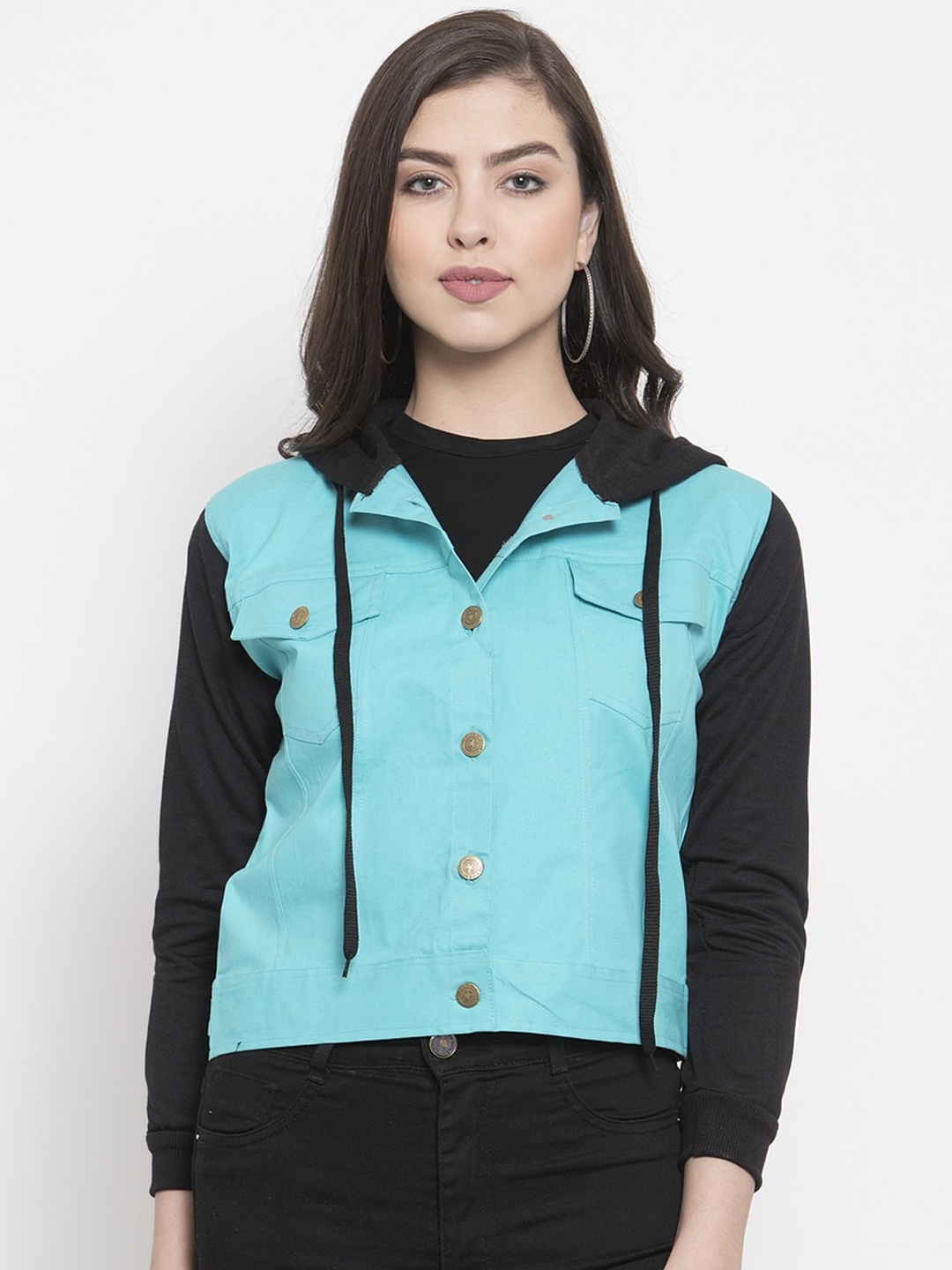 

VOXATI Women Colourblocked Hooded Crop Tailored Jacket, Turquoise blue